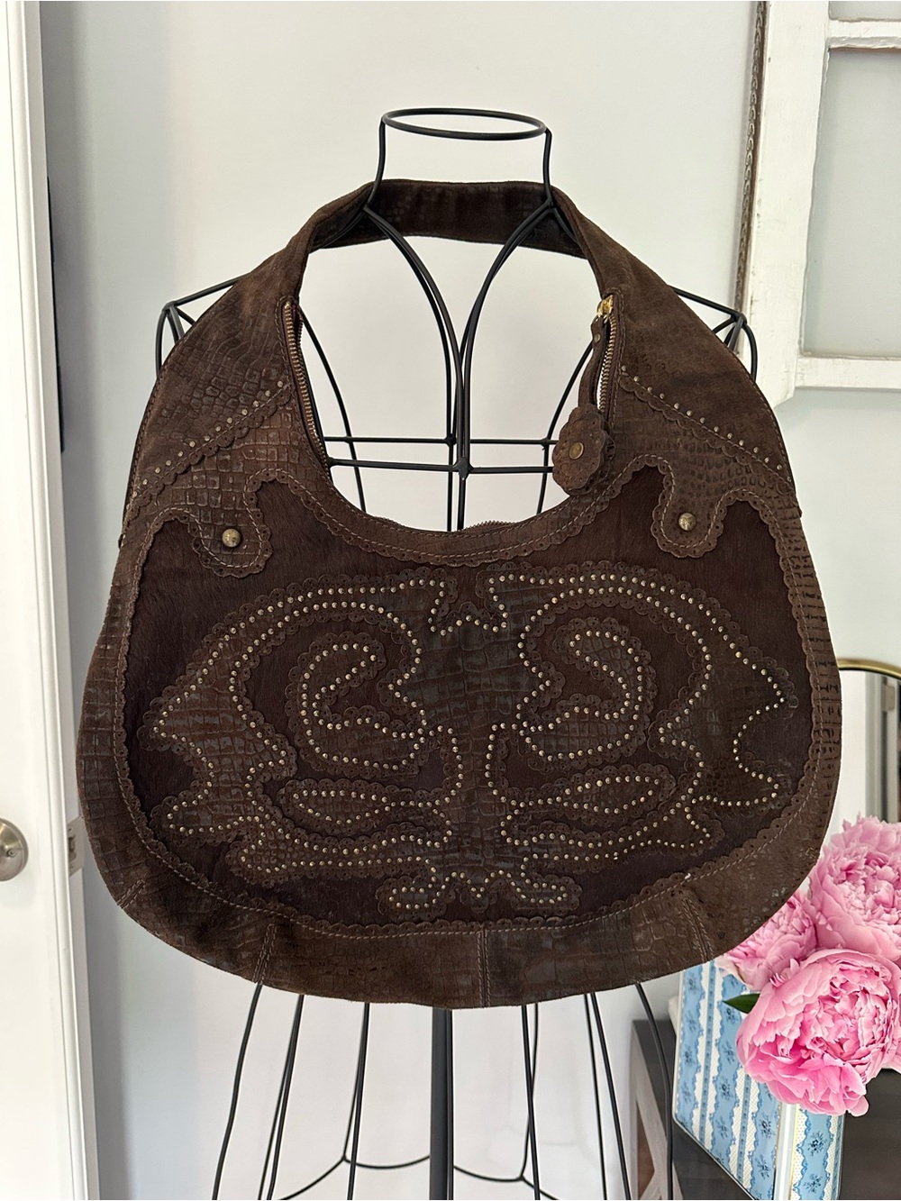 Rare and Vintage Isabella Fiore Dark Brown Studded Suede Hobo